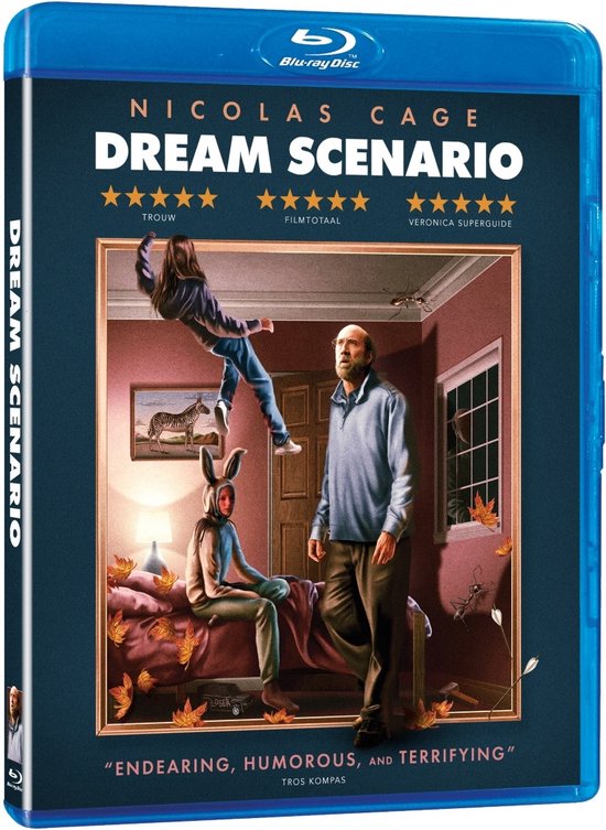 Blu-ray hoes 'Dream Scenario' met Nicolas Cage, vrouw die vliegt en een meisje in konijnenkostuum.