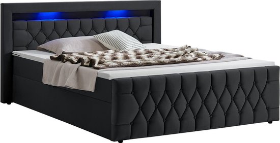 Juskys Boxspringbed Leona - 140 x 200 cm - Zwart - Incl. LED verlichting