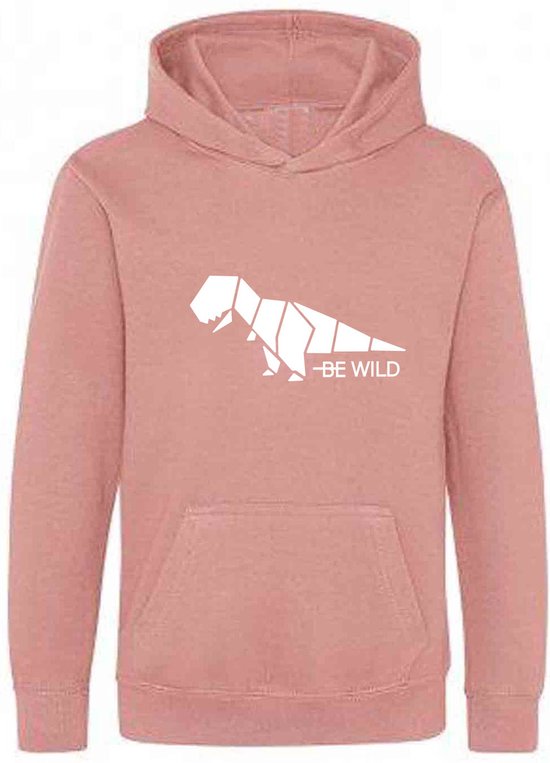 Roze hoodie met op de voorkant een witte, geometrische dinosaurus print met de tekst 'BE WILD'.