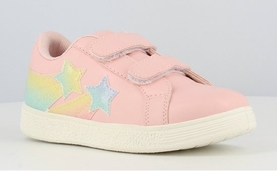 Meisjes sneakers - lage zomer schoenen - roze met regenboog sterren - klittenband sluiting - maat 32