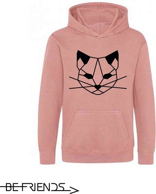 Roze hoodie met een grafische zwarte kattenkop op de voorkant. "BEFRIENDS" logo onderaan.