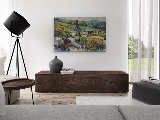 Artaza Peinture sur toile représentant du Vin, du fromage et des raisins sur une table – 120 x 80 – Groot – Photo sur toile – Impression sur toile