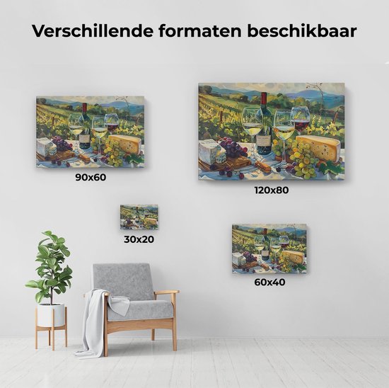 Artaza Peinture sur toile représentant du Vin, du fromage et des raisins sur une table – 120 x 80 – Groot – Photo sur toile – Impression sur toile