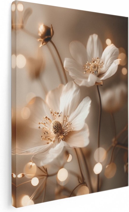Artaza Canvas Schilderij Witte Bloemen met Bokehlichten - 30x40 - Klein - Foto Op Canvas - Canvas Print