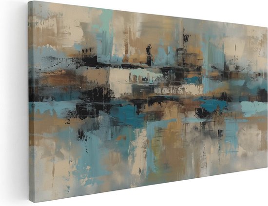 Peinture abstraite aux teintes bleues, brunes et noires, détaillée.