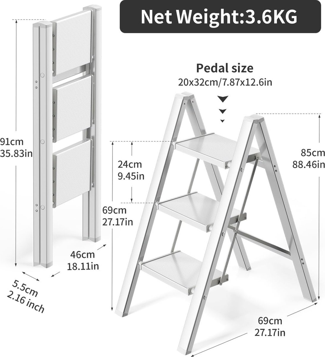 siwitec Trapladder, opvouwbare ladder met 3 treden, opstapje van staal, belastbaar tot 150 kg, opstapkruk inklapbaar, TÜV/GS-gecertificeerd, wit
