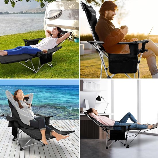 POEPORE Campingstoel, opvouwbaar met voetensteun, 4-voudig verstelbare strandstoel, ligstoel, visstoel, campingstoelen voor volwassenen, met wattenpad, kussen, bekerhouder, armleuningzakken, cyaan