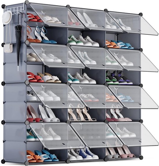 Schoenenrek voor 48 paar schoenen, schoenenkast met 3 x 8 niveaus, smal, stofdicht kunststof schoenenrekken voor hal, slaapkamer, ingang, met deuren 30 x 40 x 30 cm per vak, grijs