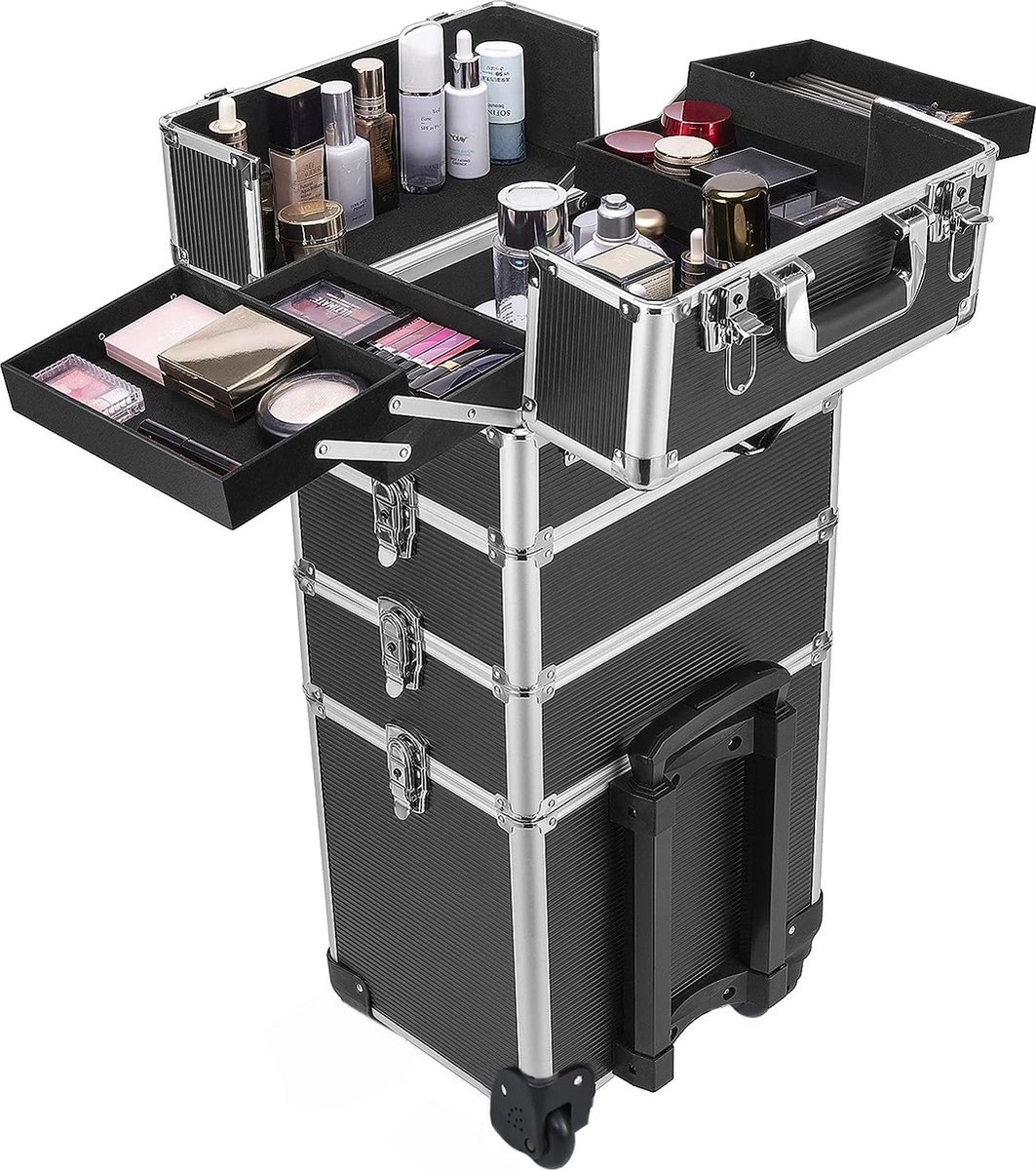 Goedkoopste Aluminium Visagie Koffer - Nagel trolley - 4 in 1 - Roze - Cosmetica trolley - Kappers trolley - Trolley op wieltjes - Make-up schmink nagel koffer trolley - koffer
