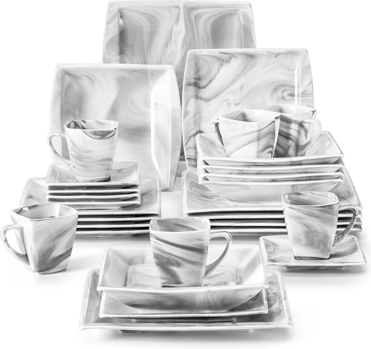 LBB Luxe Serviesset – 30 delig – 6 persoons – Porselein - Bordenset – Dinner platen – Dessertborden - Kommen - Mokken - Schaaltjes - Grijs