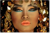 Muurdecoratie Vrouw - Cleopatra - Goud - Sieraden - Make up - Luxe - 180x120 cm - Tuinposter - Tuindoek - Buitenposter