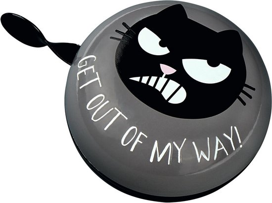 Grijze fietsbel met een boze zwarte kat en de tekst 'GET OUT OF MY WAY!' in witte letters.