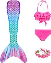 Joya Kids® Zeemeermin bikini verkleed set | Staart met roze bikini en rozen krans | Mermaid Staart | Prinsessen jurk | Verkleedkleding meisje | Maat 120