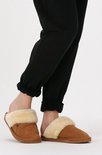 Cognackleurige pantoffels van suède met een dikke, crèmekleurige voering van schapenwol. Gedragen door een model.