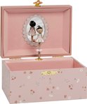 Open roze muziekdoosje met bloemenprint, ballerina en spiegel.