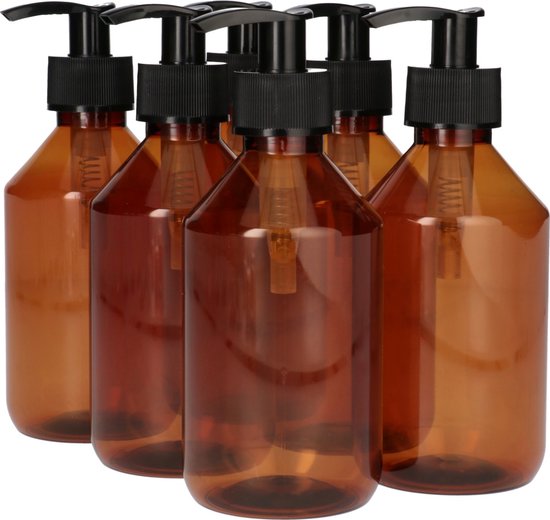 Foto: 6x 250 ml pharma pet fles met dispenserpomp plastic flesjes navulbaar voor vloeistoffen voeding cosmetische farmaceutische producten pet kunststof voedselveilig duurzaam bruin zwart set van 6 stuks