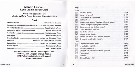 CD 1 Manon Lescaut, Act I, II, met nummers 1 t/m 19, cast en details over de opera.