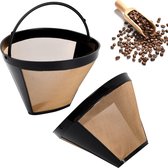 Goudkleurige filterkoffiefilter van roestvrij staal, herbruikbaar, duurzaam koffiefilter, gaasmand, wasbaar koffiefilter met handvat, koffieaccessoires, set van 2