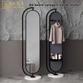 Luxaliving - Passpiegel Ovaal Zwart - Wit Marmeren Voet - 3 Haaks Kapstok - Veiligheidsglas - Slaapkamer Spiegel - Zwart-Metaal - 360º - 175 x 44 CM