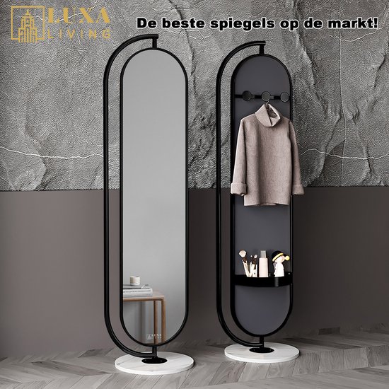 Luxaliving - Miroir pleine longueur Ovale Zwart - Base en Marbre Wit - Porte-manteau 3 angles - Verre de sécurité - Miroir de chambre - Zwart- Métal - 360º - 175 x 44 CM