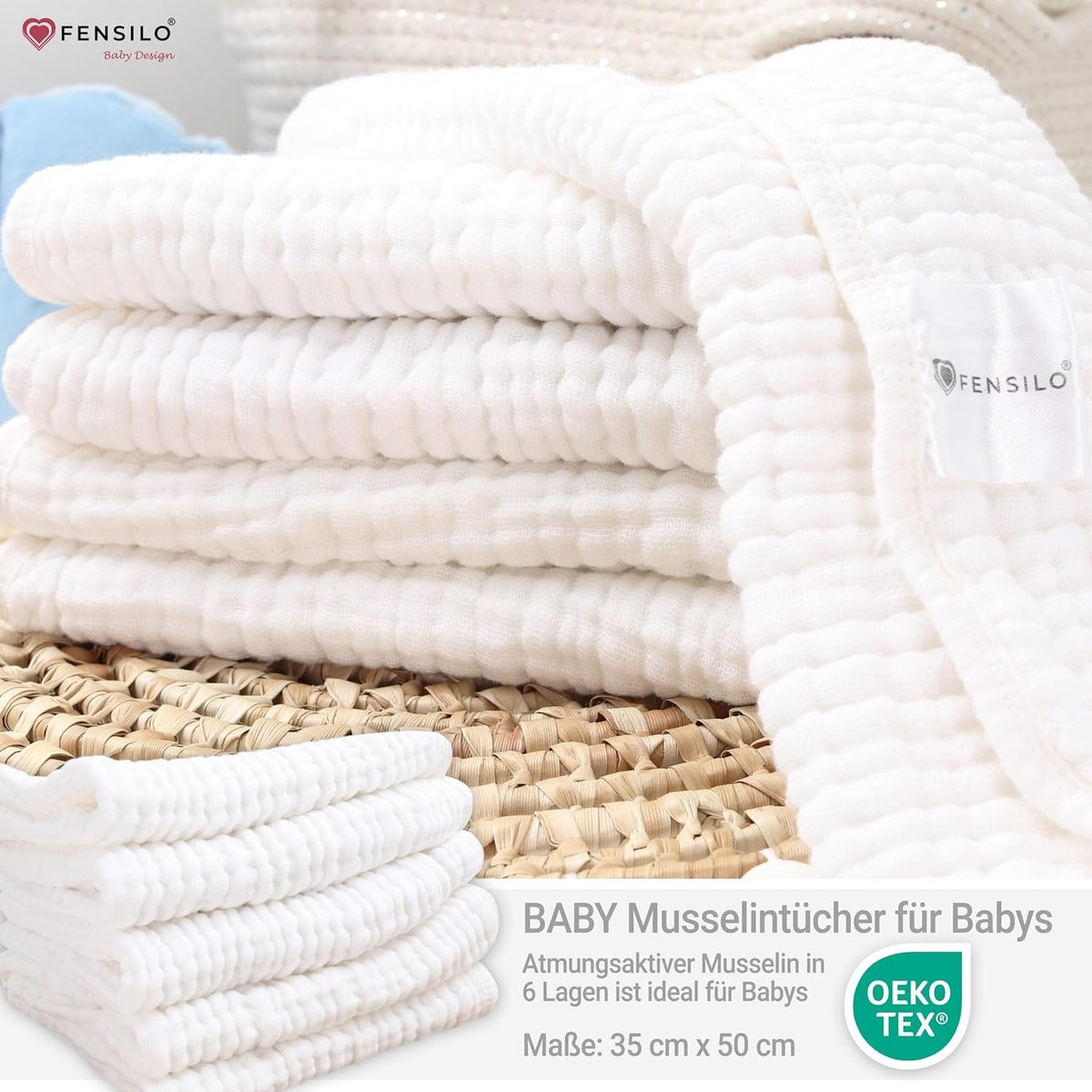Musseline doeken - FENSILO - Hydrofiele Luiers - Hydrofiele Doeken - 100% Katoenen mousseline - 35 x 50 cm - 5 pack - Wit - Babydoeken, spuugdoeken voor baby's, 6 lagen, absorberende luiers, stoffen luiers