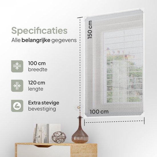 Specificaties van een magnetische raamhor: 100 cm breedte, 150 cm lengte, extra stevige bevestiging.