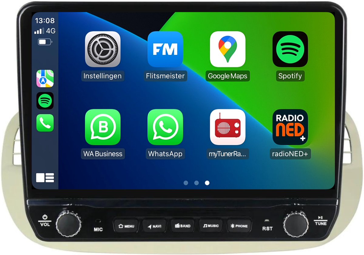 Carplay autoradio voor Fiat 500 Beige | Elegant design | 2007 t/m 2015 | Android 13 | Draadloos Apple Carplay & Android auto | 2GB + 32GB | 8-Core processor | Davilon | 2025 model | 2007 2008 2009 2010 2011 2012 2013 2014 2015 | Bluetooth & Wifi