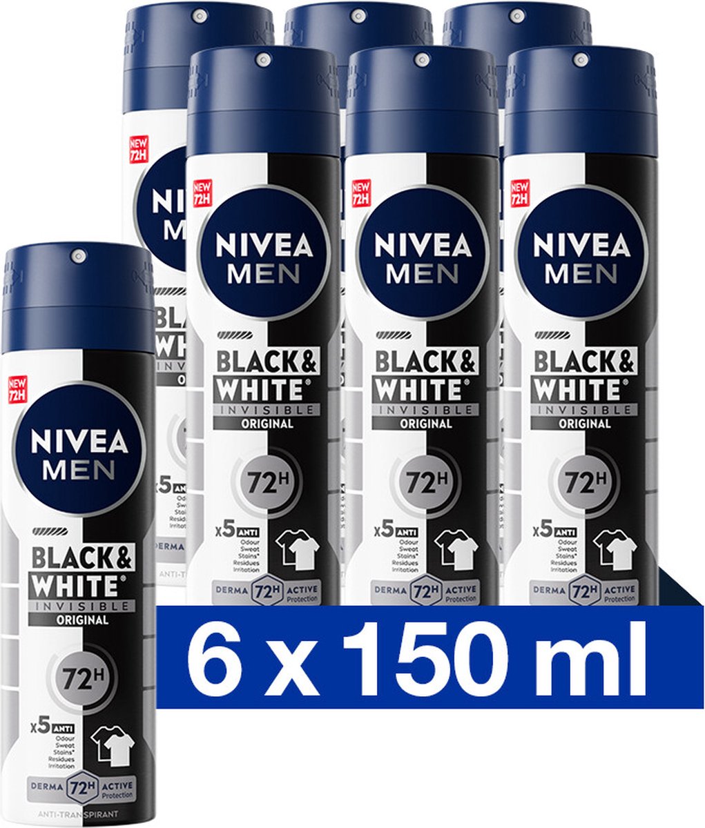 Goedkoopste NIVEA MEN Invisible for Black & White Original Anti-Transpirant Spray - Geen witte of gele vlekken - Quickdry - Alcoholvrij - Beschermt 72 uur - 6 x 150 ml