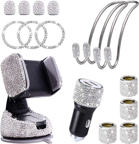 Lot 20 Accessoires Voiture Bling-Bling Strass Pour Femmes – Support Téléphone, Crochets, Coasters, Valve Pneus & Plus