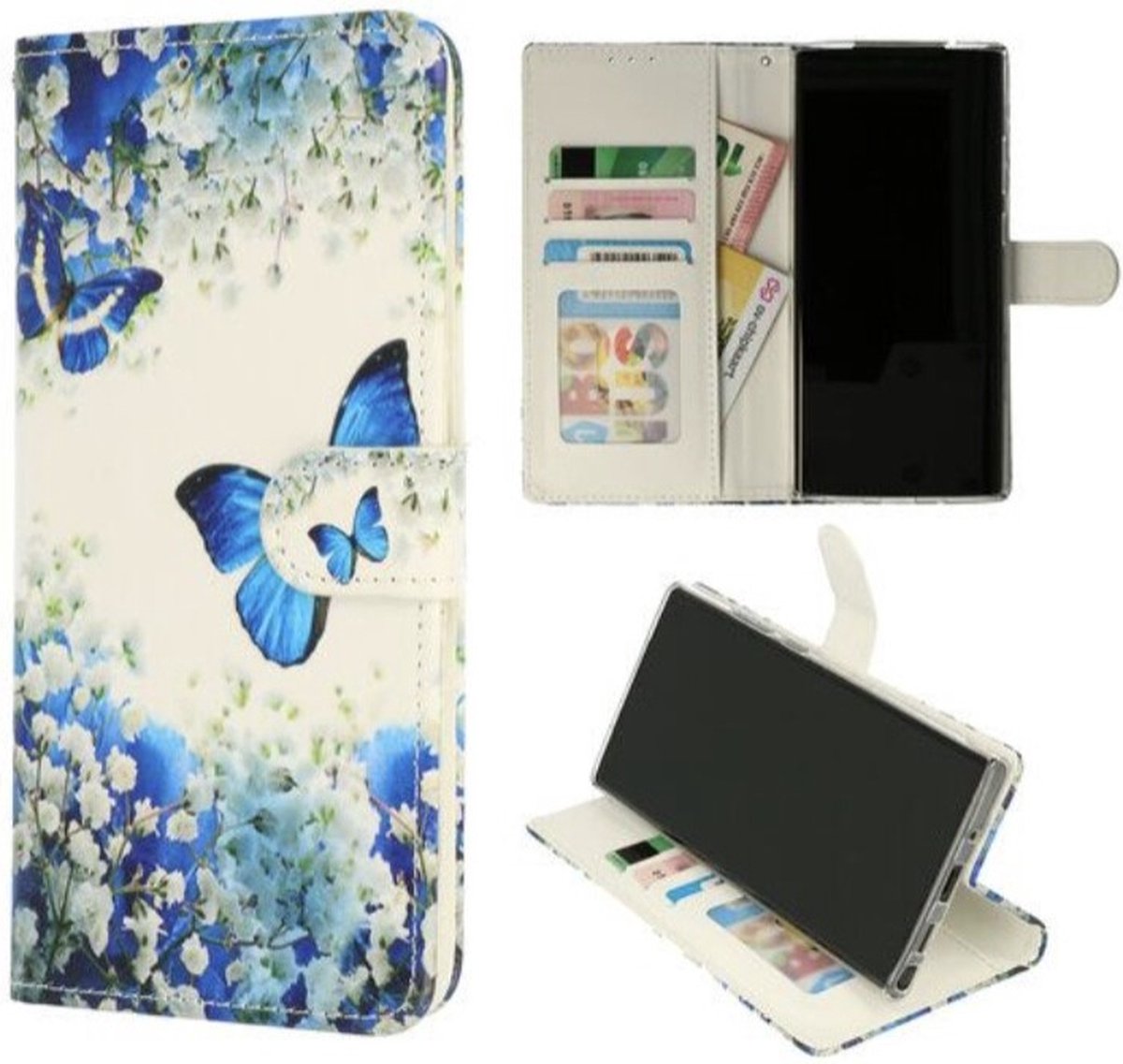 Cityhoesje-iPhone 15 Plus – Bookcase Print – Vlinder Blauw