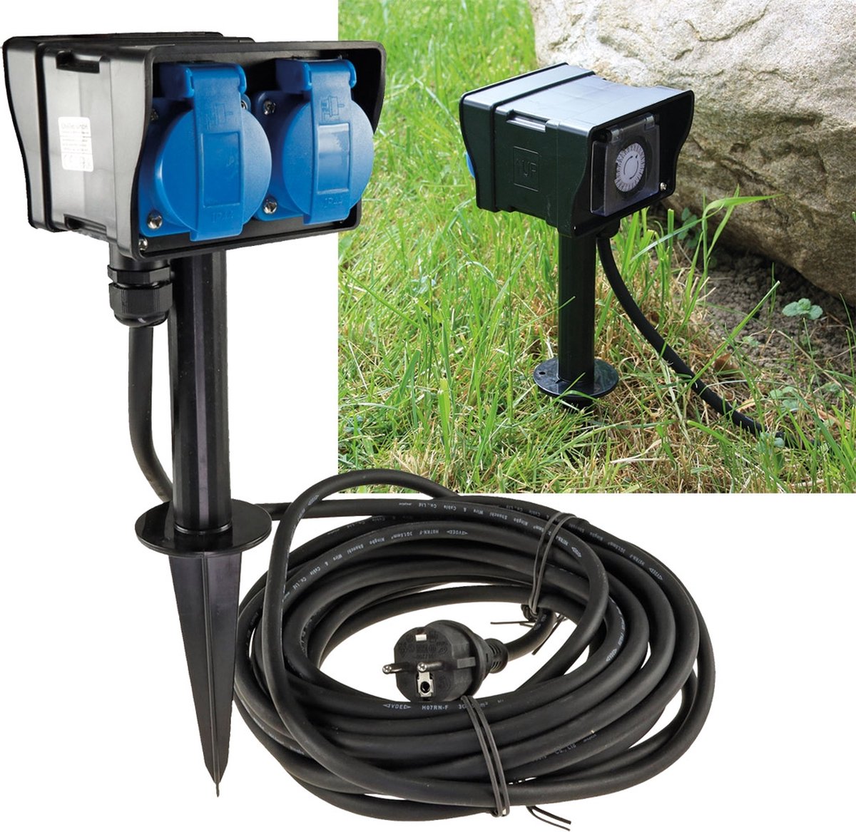 Tuinstopcontact met grondpin, 2-voudig IP44, 10m kabel, timer