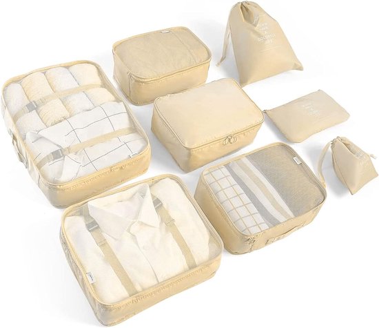Bastix - Kofferorganizerset, 8-delig, kledingtassen voor kleding, cosmetica, schoenentas, kabelopbergtas, reisorganisatortas (beige)