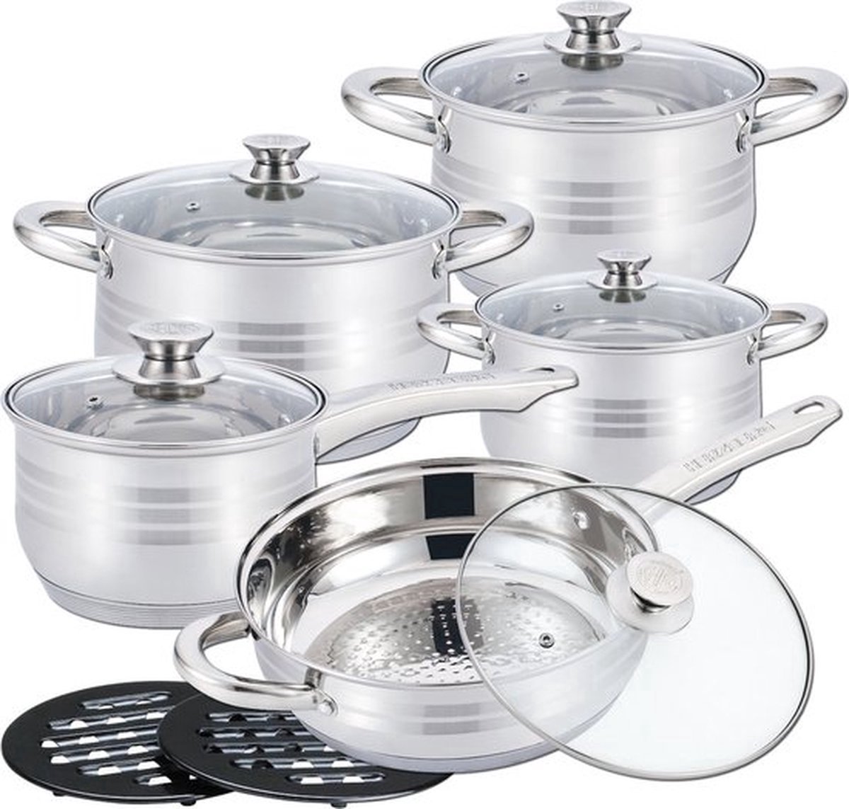 Cheffinger Pannenset - 12-delig - Zilver - RVS - Kookpannen - Inductie