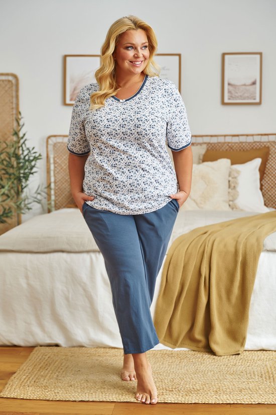 Doctor Nap Katoenen Pyjama Dames Volwassenen Korte Mouw Lange Broek Plus Size Navy Bloom PM.5290 42 / XL