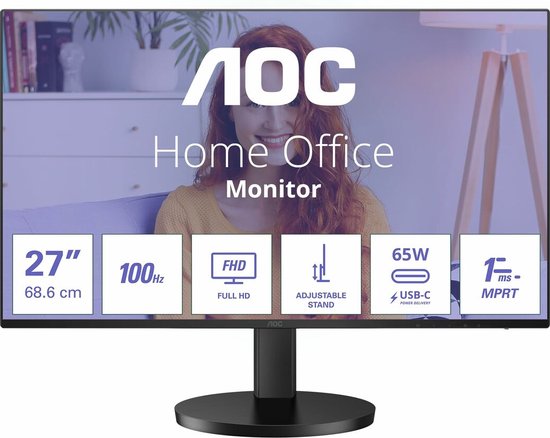 AOC 27B3CF2 27 inch Full HD Monitor USB-C 65W 100Hz 1ms FreeSync IPS paneel ingebouwde speakers hoogte verstelbaar