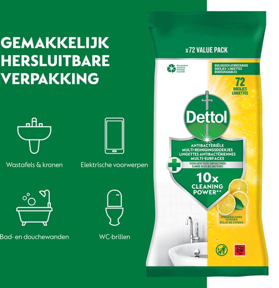 Groene verpakking met witte en gele accenten. Dettol antibacteriële reinigingsdoekjes, 72 stuks, met afbeeldingen van sanitair en citroen.