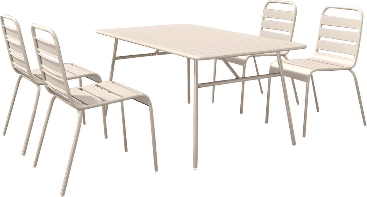 MYLIA Tuineethoek van metaal - Een tafel D160 cm en 4 opstapelbare stoelen - Beige - MIRMANDE van MYLIA L 160 cm x H 79 cm x D 80 cm