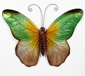 Anna Collection Wanddecoratie vlinders - 2x - groen/blauw - 32 x 24 cm - metaal - muurdecoratie - tuin beelden van dieren