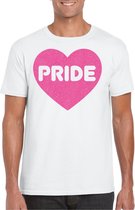 Bellatio Decorations Gay Pride T-shirt voor heren - pride - roze glitter hartje - wit - LHBTI S