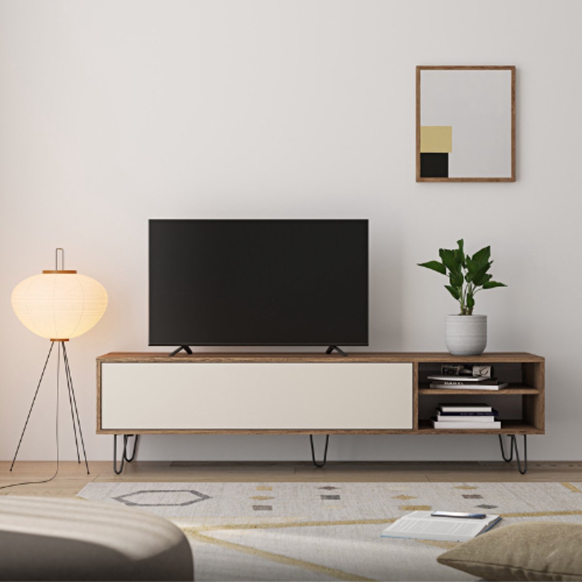 Tv-meubel Aelan 1 Opklapdeur En 2 Open Vakken-notenhout/licht Beige