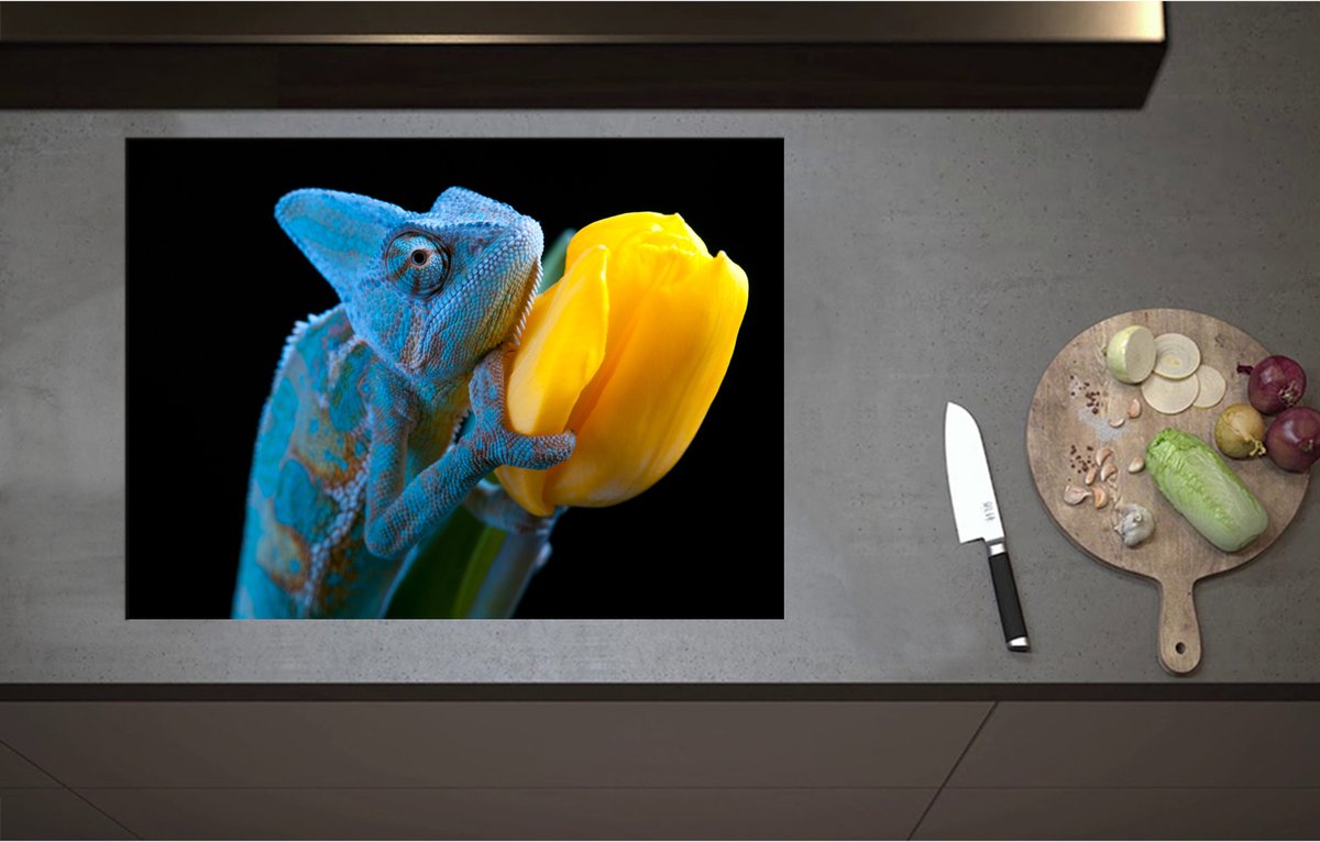 Inductieplaat Beschermer - Blauwe Kameleon op Gele Tulp tegen Zwarte Achtergrond - 75x55 cm - 2 mm Dik - Inductie Beschermer - Bescherming Inductiekookplaat - Kookplaat Beschermer van Wit Vinyl