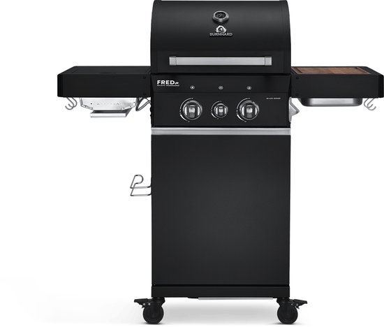 BURNHARD® 2 Branders gasbarbecue FRED Jr. Black Series 3, incl. 900°C keramische infraroodbrander, gietijzeren grillrooster + inklapbare zijtafels