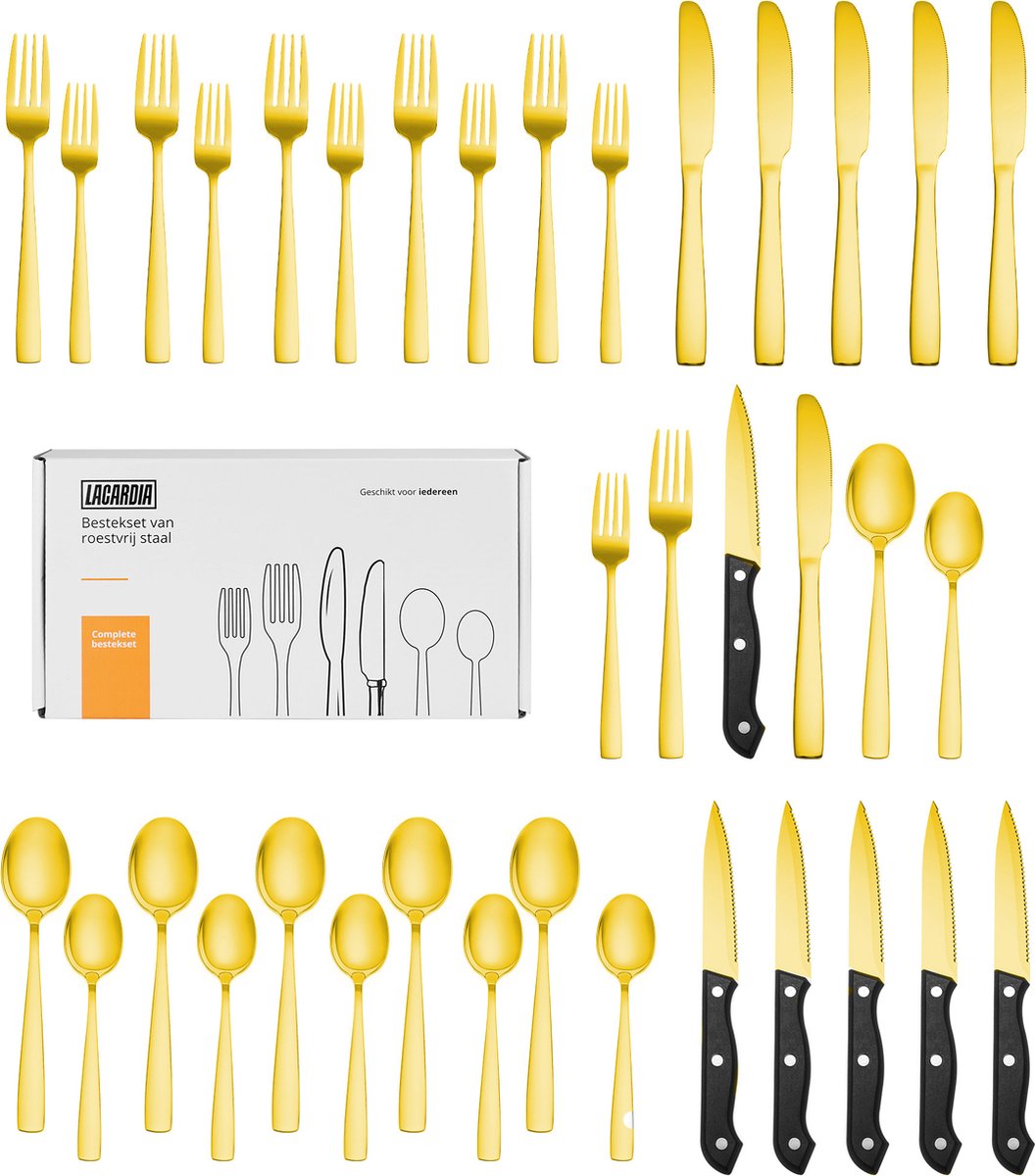 Bol.com LaCardia 6 Persoons Bestekset 36-Delig - Lepels - Messen - Vorken - Steakmessen - Vaatwasserbestendig - Bestek - Goud/RVS aanbieding