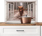 Spatscherm keuken 90x60 cm - Kookplaat achterwand Doorkijk - Schotse Hooglander - Raam - Muurbeschermer - Spatwand fornuis - Hoogwaardig aluminium - Alternatief voor spatscherm glas