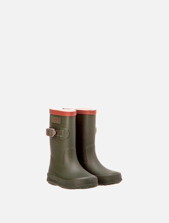 Paar donkergroene regenlaarzen met bruine randen en gespen, Aigle logo.