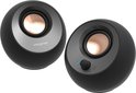Twee zwarte ronde speakers met zilveren ringen en koperkleurige speakers.
