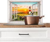 Spatscherm keuken 60x40 cm - Kookplaat achterwand Doorkijk - Vuurtoren - Landschap - Natuur - Landelijk - Strand - Muurbeschermer - Spatwand fornuis - Hoogwaardig aluminium