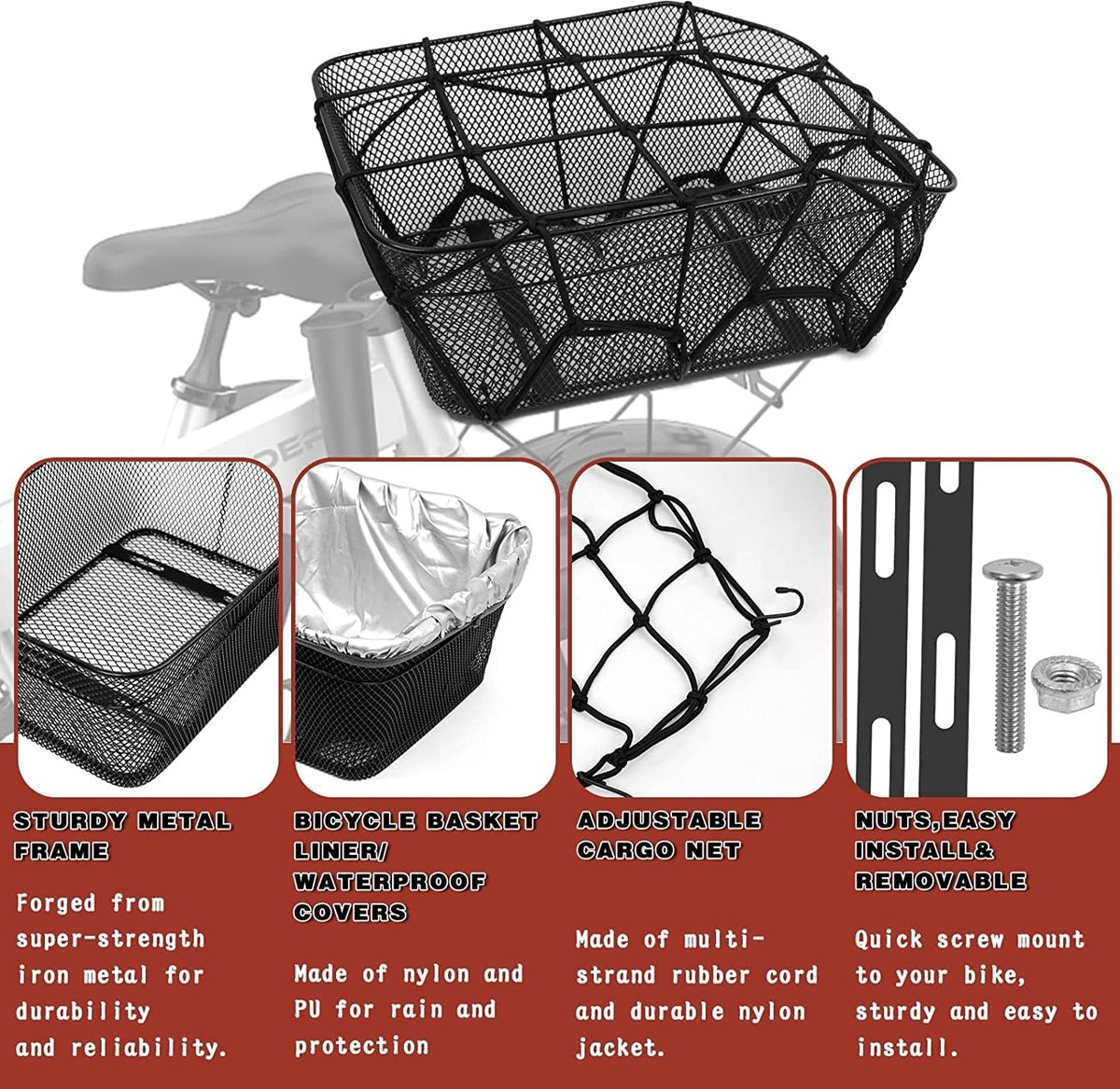 Grand Panier Arrière Vélo Samrelax - Métal Noir, Avec Filet, Doublure Et Housse étanche