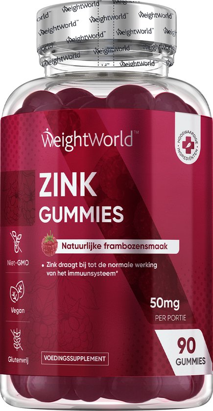 WeightWorld Zink Gummies - 50 mg zink citraat - 90 vegan Zink gummies met frambozensmaak - Goed voor de haren, nagels, huid en botten - Natuurlijk zinc supplement