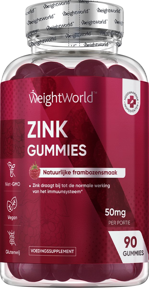 Goedkoopste WeightWorld Zink Gummies - 50 mg zink citraat - 90 vegan Zink gummies met frambozensmaak - Goed voor de haren, nagels, huid en botten - Natuurlijk zinc supplement